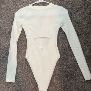 Cream Ribbed Women Sweater body suit with cut out